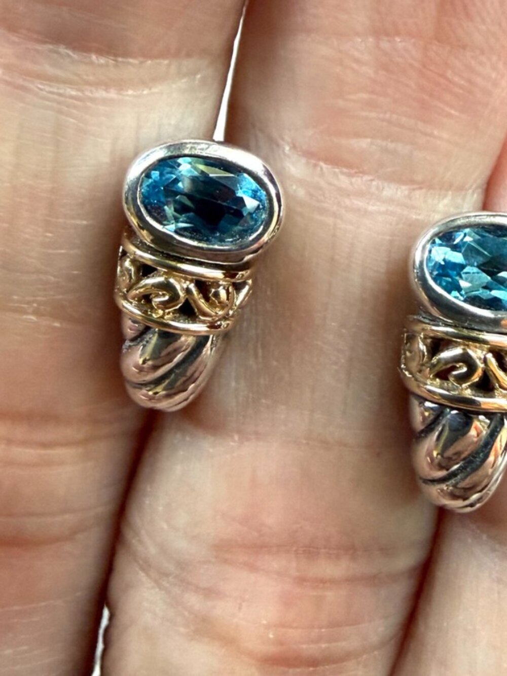 Vintage 925 Sterling Silver & 14K Gold Blue Topaz Drop Earrings - Picture 11 of 12